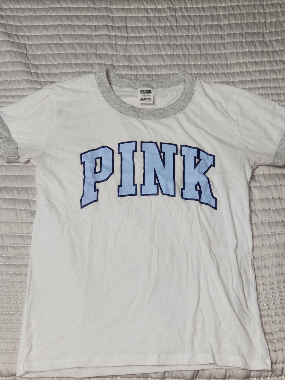 PINK Victoria's Secret White Ringer Tee with Light Blue Logo
